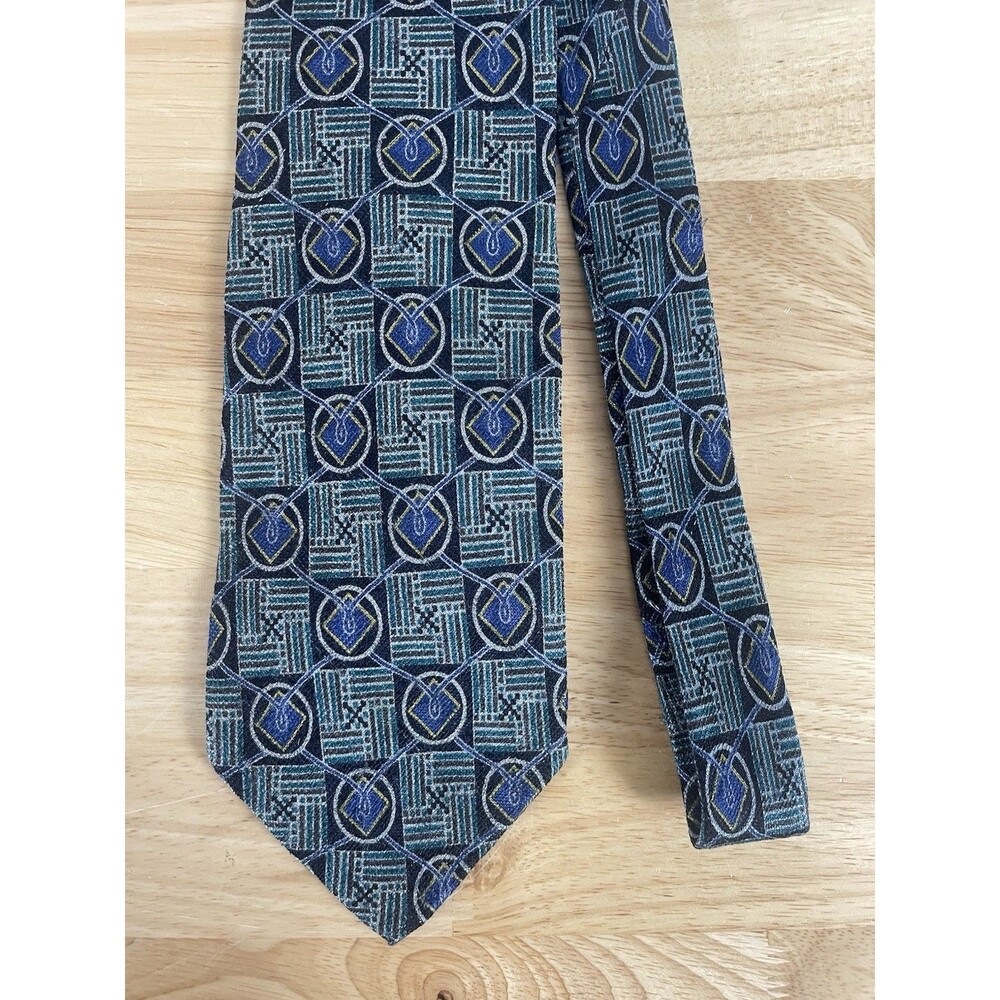 ERMENEGILDO ZEGNA Silk Necktie ITALY Luxury Geometric Blue Black White Teal - Picture 1 of 5